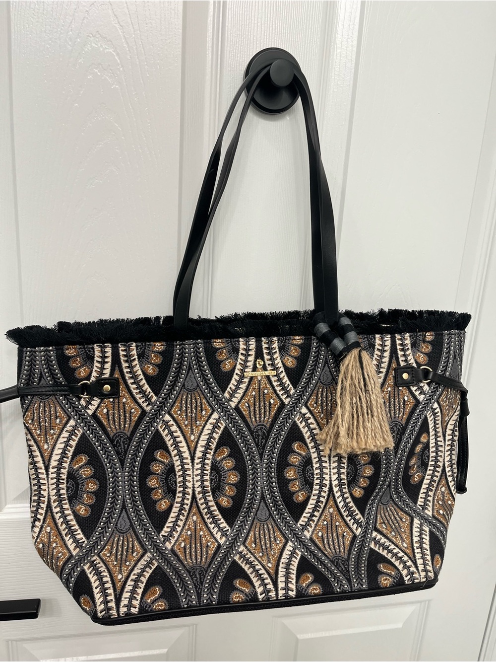 Spartina 449 Black, Tan & Cream Patterned Tote with Tassel